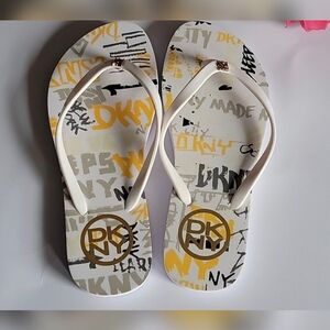 DKNY White and Yellow Graffiti Sandals
